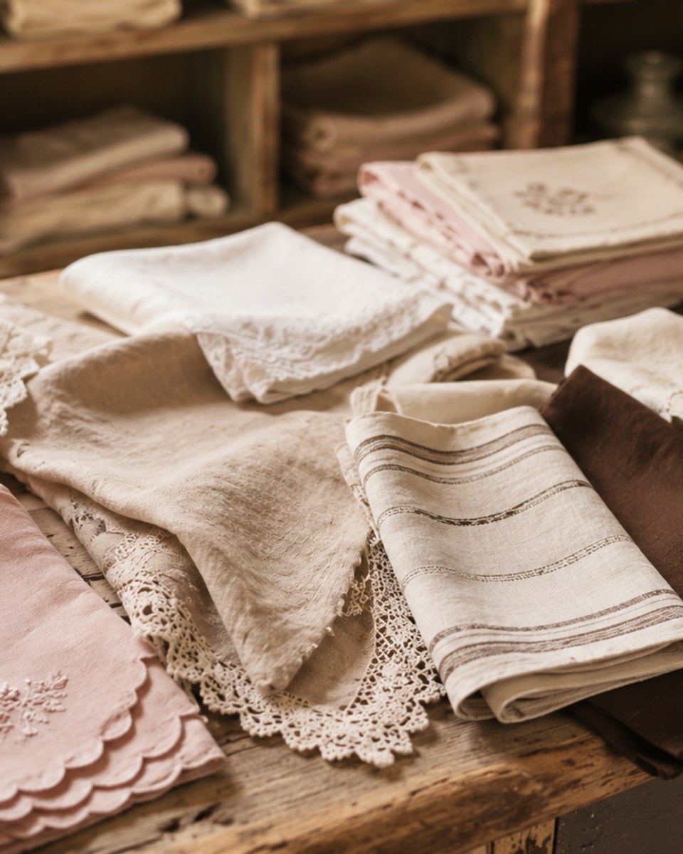Folded linen napkins on a wooden dresser