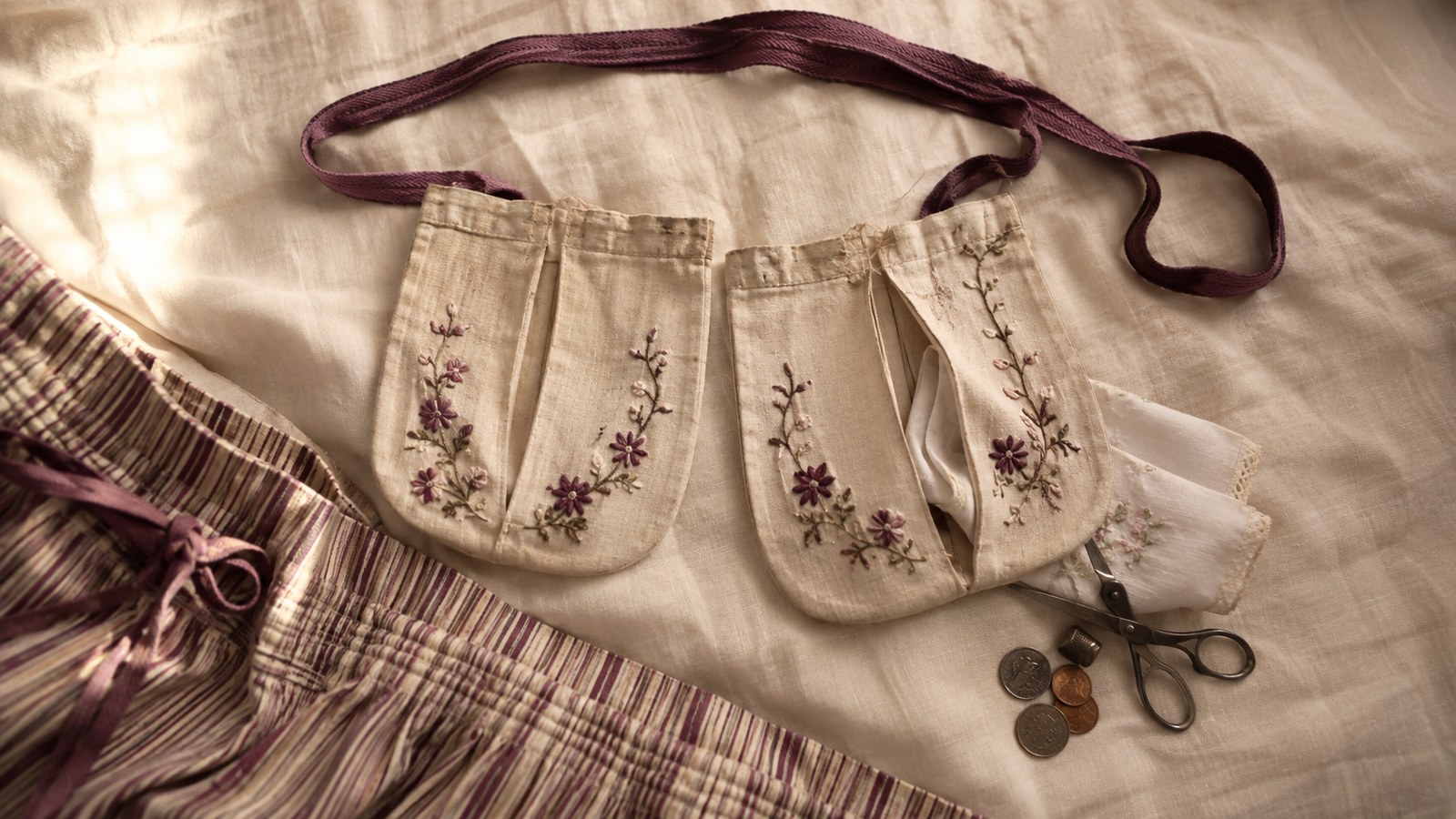 No século XVIII, o bolso feminino era uma bolsa avulsa amarrada na cintura, por baixo do vestido